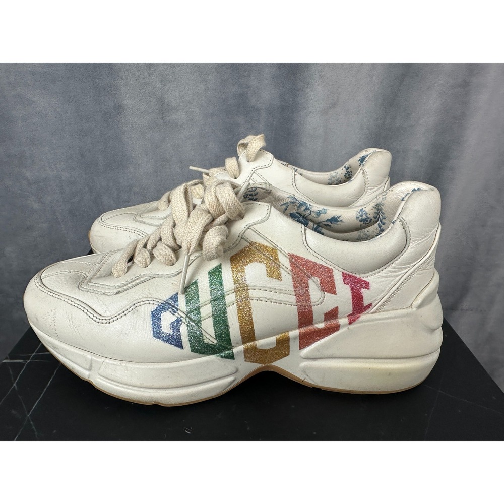 Gucci Sneakers Rhyton Ivory Rainbow Glitter Logo Size 35 Used Chunky‎ Designer